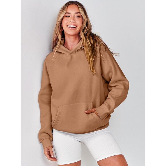 Women Light Brown Hoodies Oversized Fleece Long Sleeve Comfy Casual Sweatshirts - Picture 2 of 9